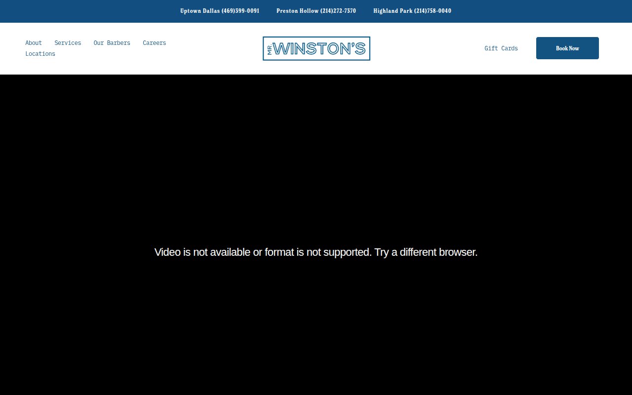 Mr. Winston's homepage with video hero showing sophisticated barbershop atmosphere