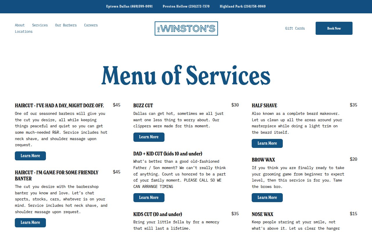 Mr. Winston's services page with grooming options and playful descriptions