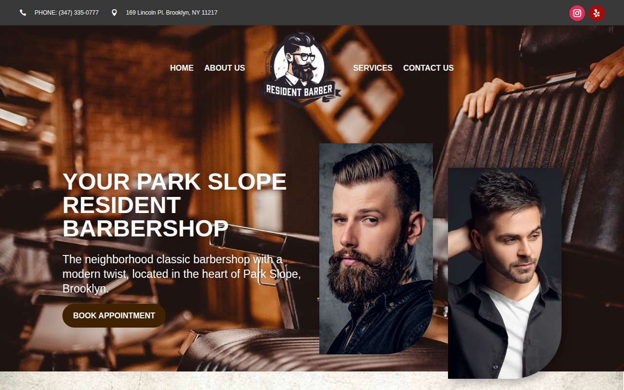 Resident Barber homepage with Book Appointment CTA and phone number