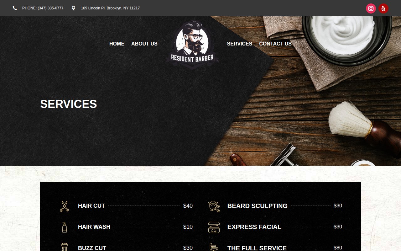 Resident Barber services page showing haircut, shape-up, shave options