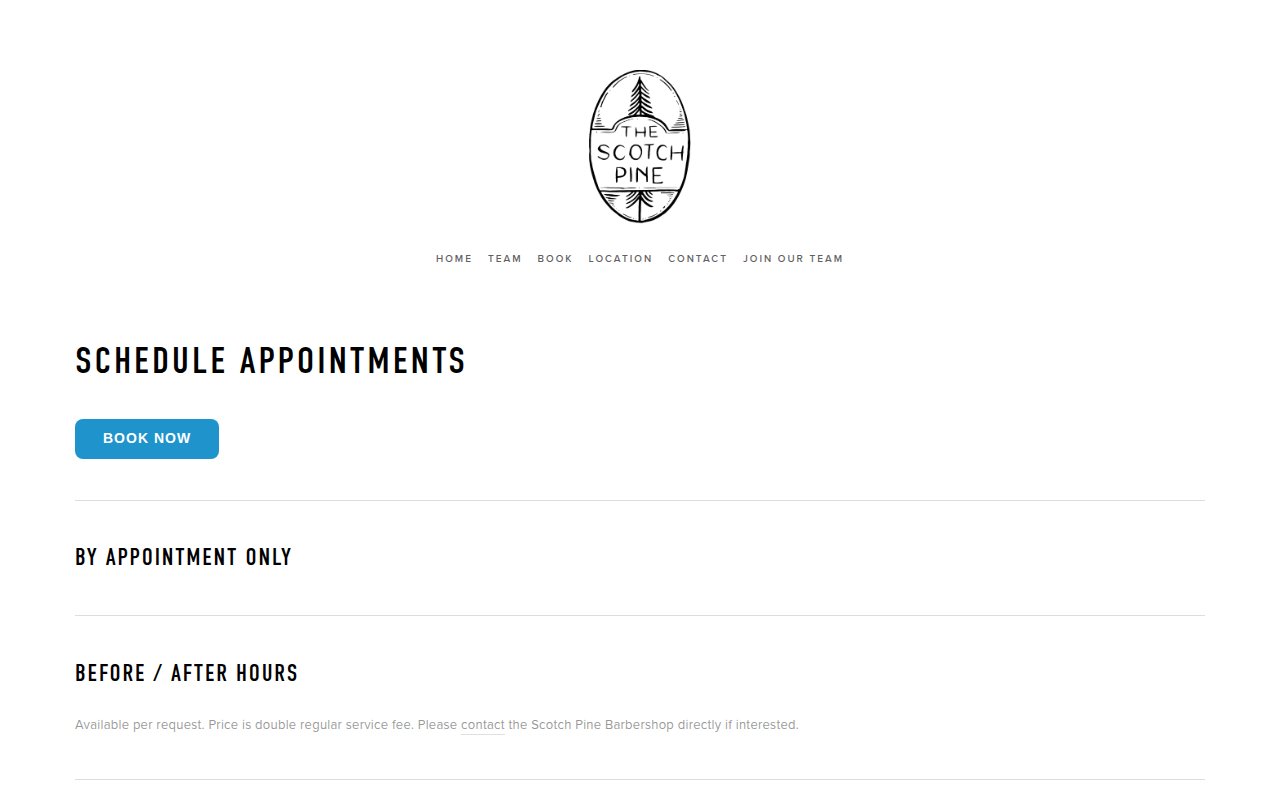 Scotch Pine booking page with cancellation policy and Square Appointments link