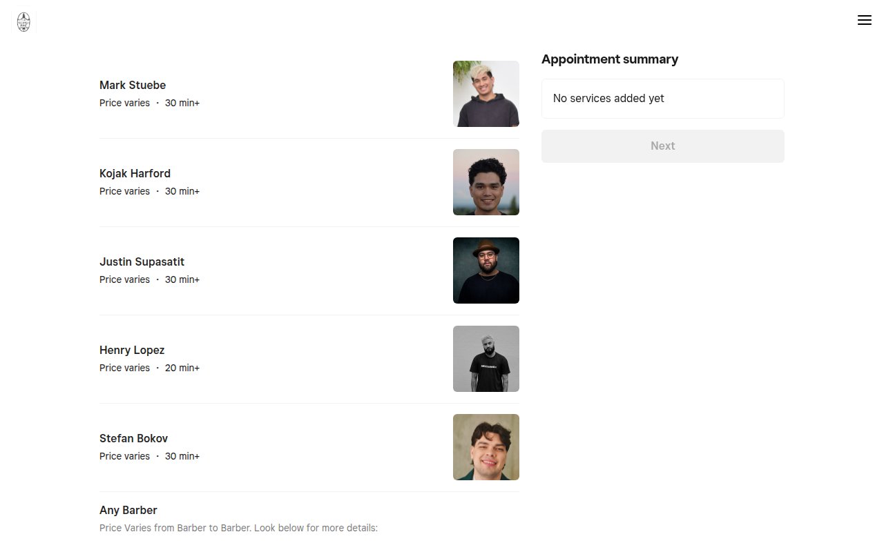 Scotch Pine Square Appointments service selection