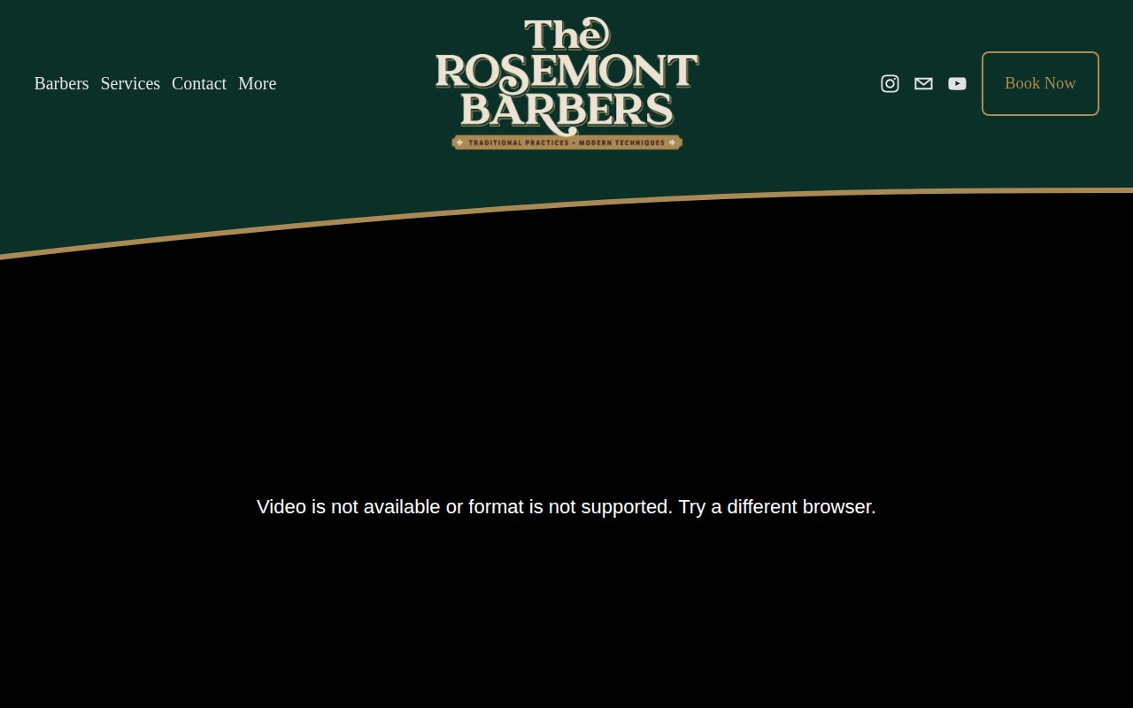 The Rosemont Barbers homepage with video hero and Book Now CTA
