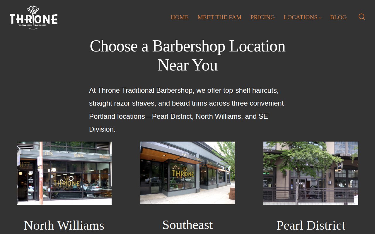 Throne Barbershop locations page with per-location booking