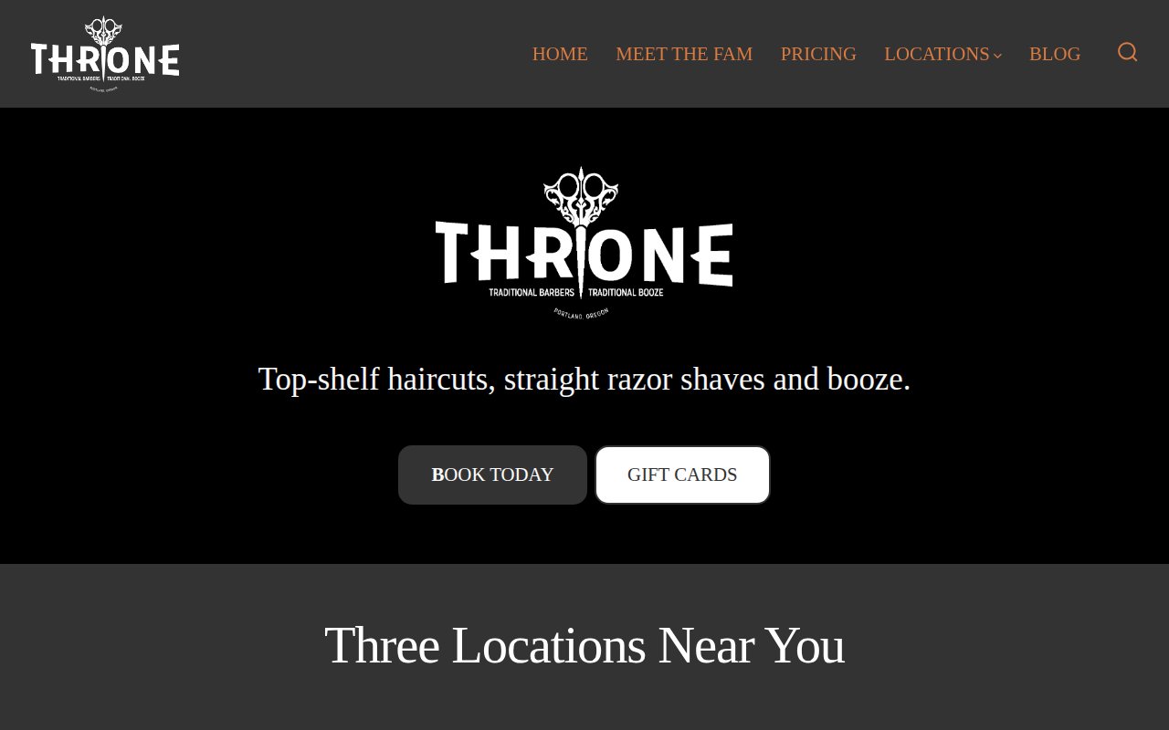 Throne Barbershop homepage with 3 Portland locations and Book Today CTAs