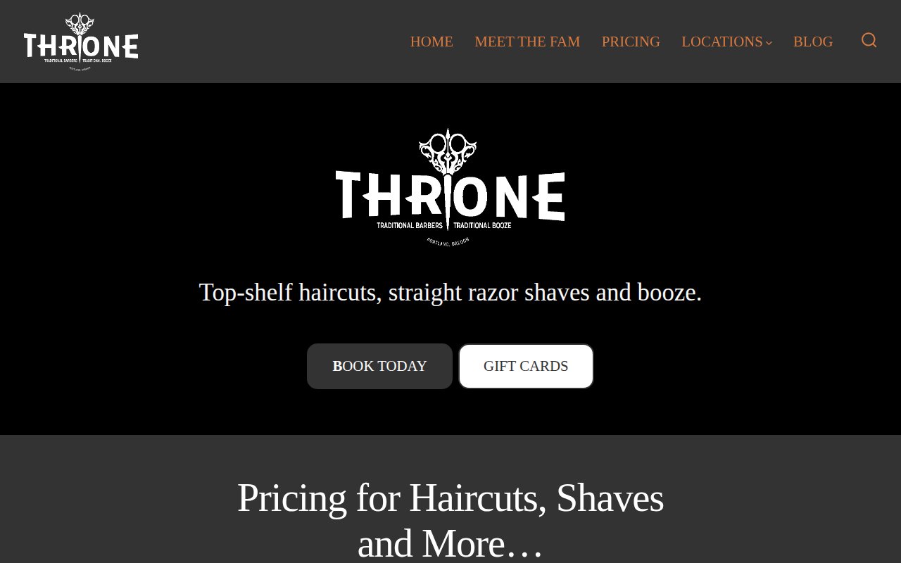 Throne Barbershop pricing page with service menu