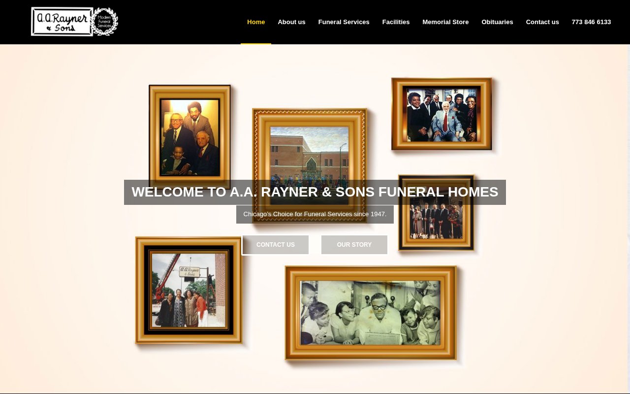AA Rayner & Sons Funeral Homes homepage with Chicago multi-location funeral home