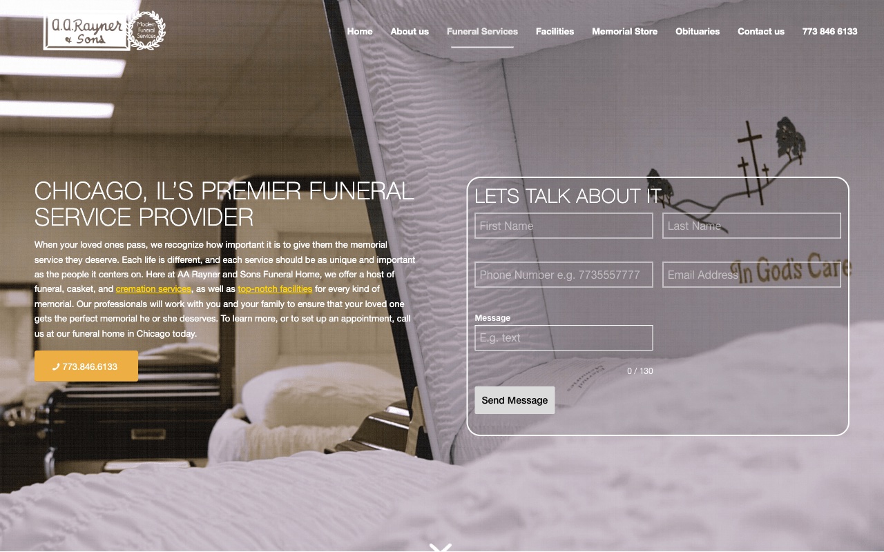 AA Rayner & Sons services page showing funeral and cremation services