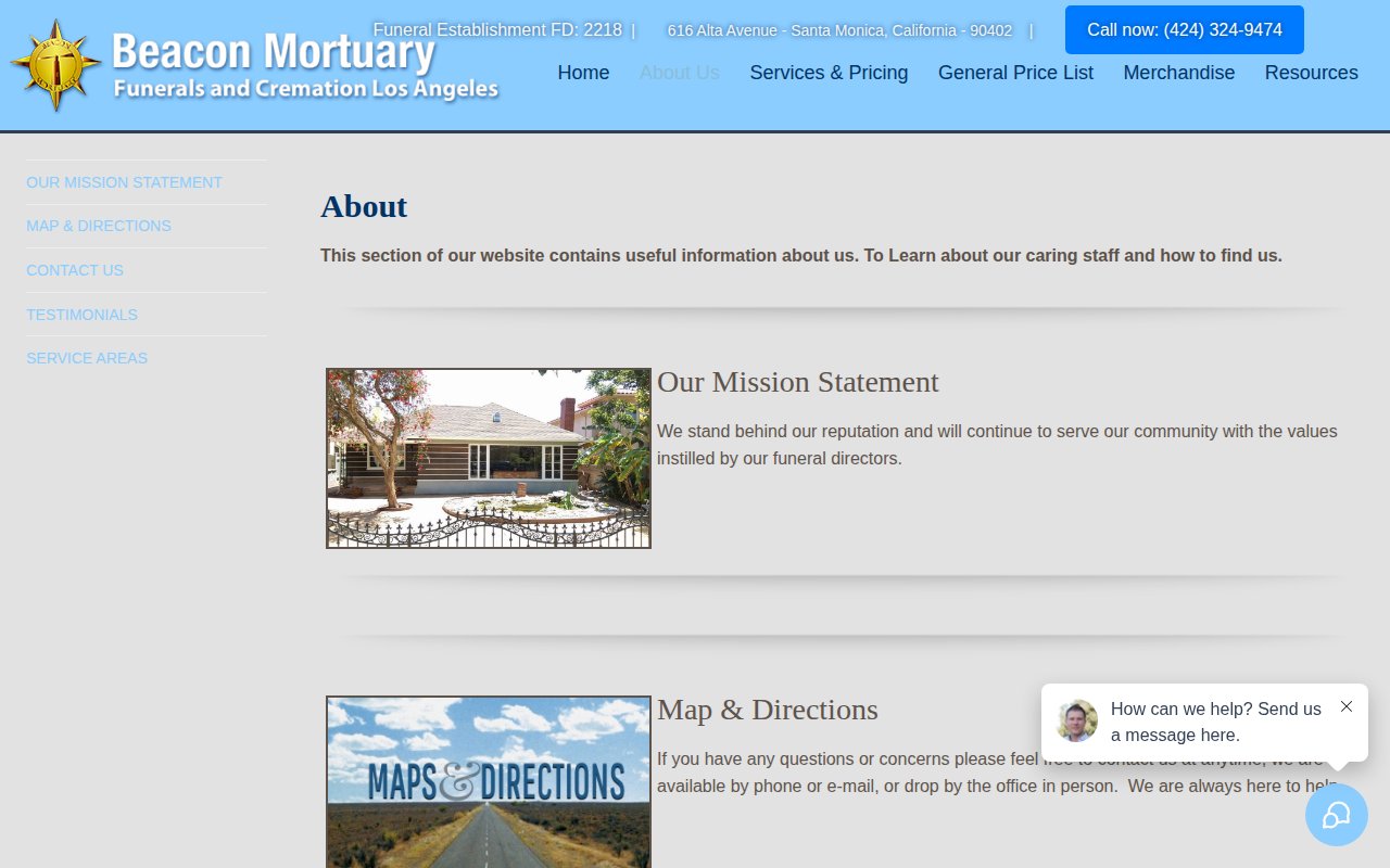Beacon Mortuary about page with founder story and Los Angeles community focus