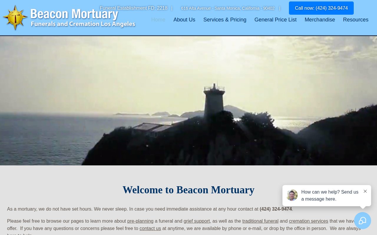 Beacon Mortuary Santa Monica homepage with founder Lewis's personal accessibility promise