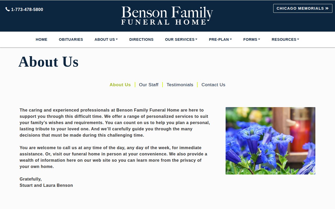 Benson Family Funeral Home about page with family funeral home story