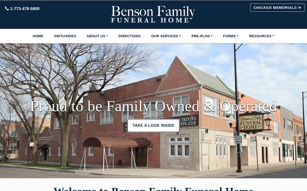 Benson Family Funeral Home homepage with director Stuart G. Benson and family-owned messaging
