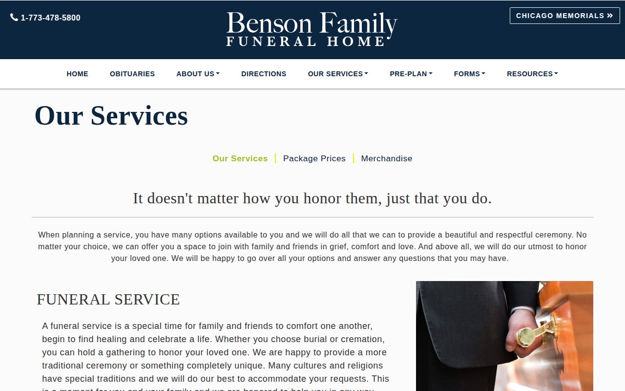 Benson Family Funeral Home services page with funeral and cremation options
