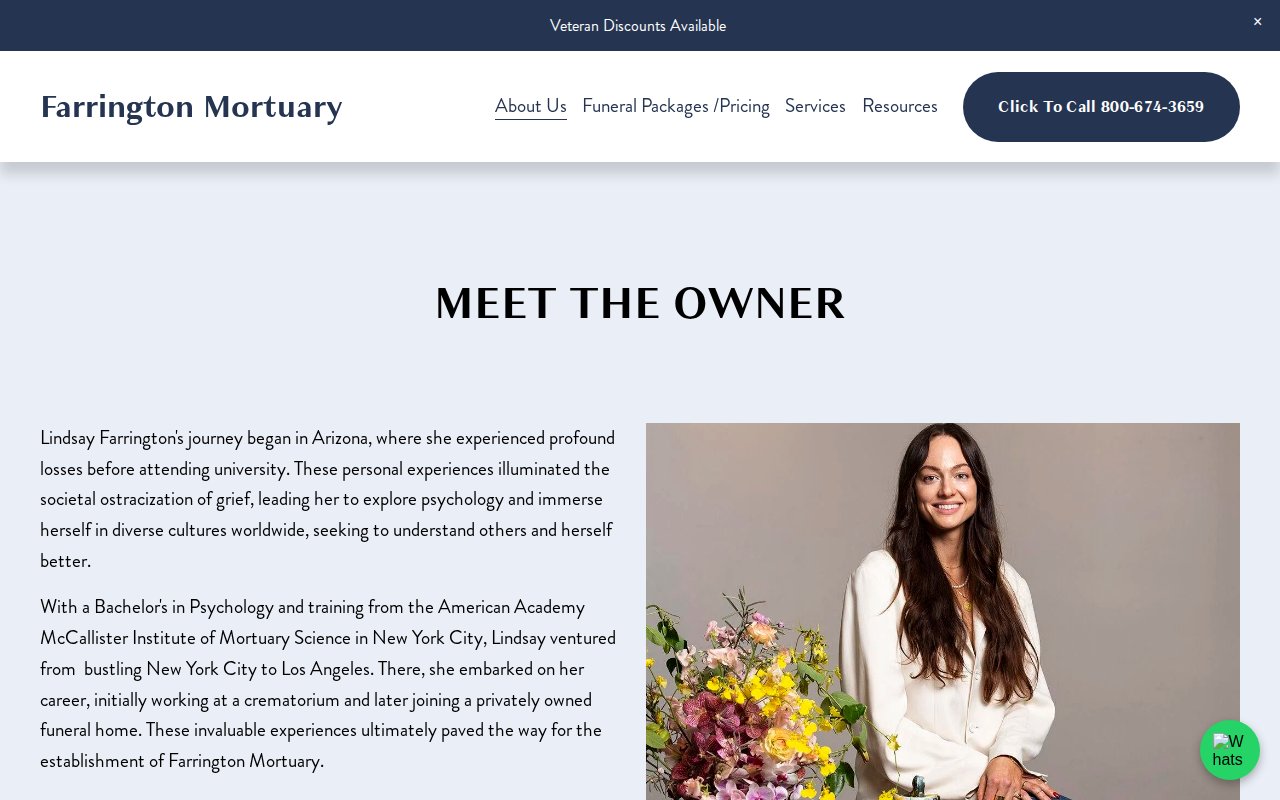 Farrington Mortuary about page with founder Lindsay Farrington's story