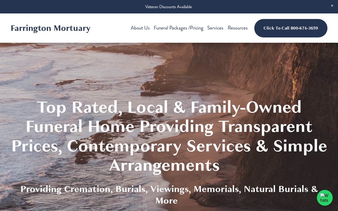 Farrington Mortuary homepage with online arrangement CTA and 5-minute promise