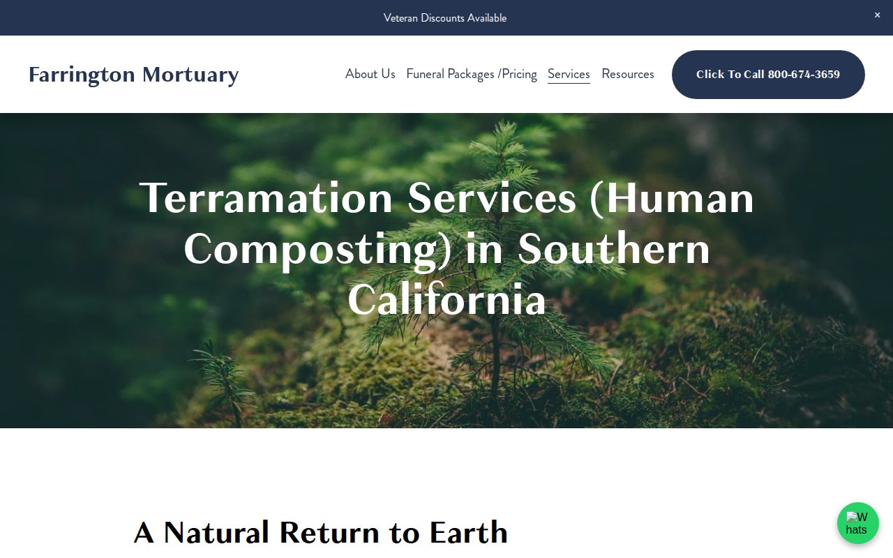 Farrington Mortuary services page showing funeral packages including terramation