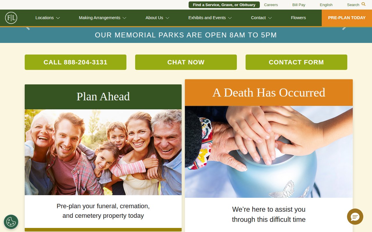 Forest Lawn Memorial-Parks homepage showing iconic LA funeral home with multiple locations