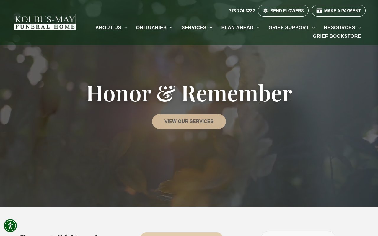 Kolbus-John V. May Funeral Home homepage with 100-year Chicago NW Side history