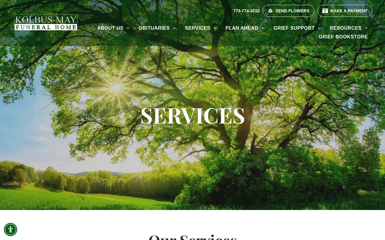 Kolbus-John V. May Funeral Home services page with funeral, cremation, and veteran options