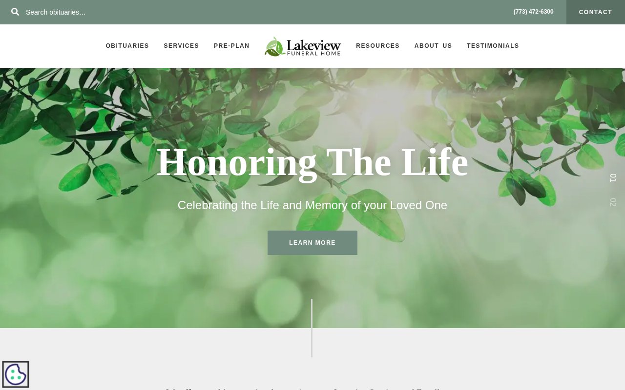 Lakeview Funeral Home homepage with obituary feed, subscribe option, and pre-plan CTA