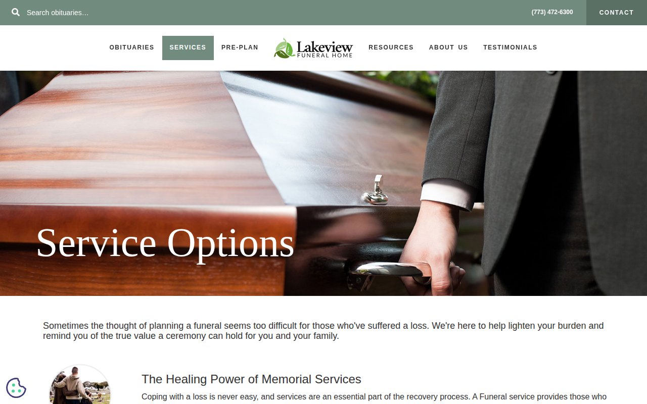 Lakeview Funeral Home services page with Chicago funeral and pre-planning options