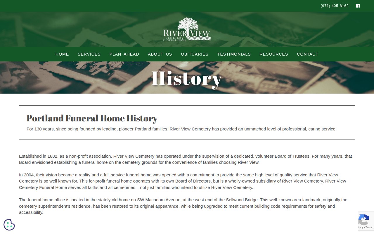River View Cemetery Funeral Home about page with Portland history