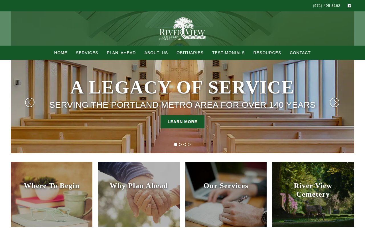 River View Cemetery Funeral Home homepage with 140-year legacy messaging and Portland services