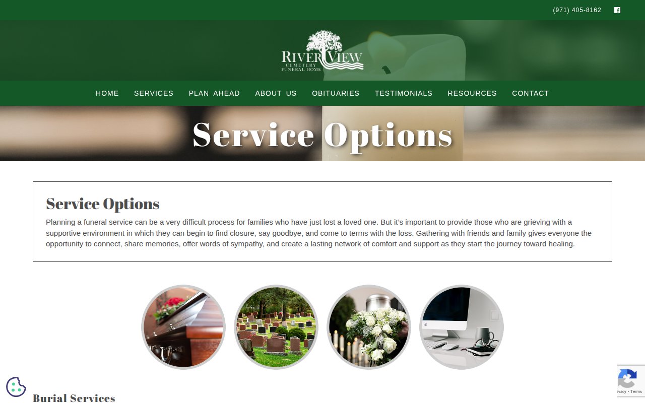 River View Cemetery Funeral Home services page including natural burial and human composting