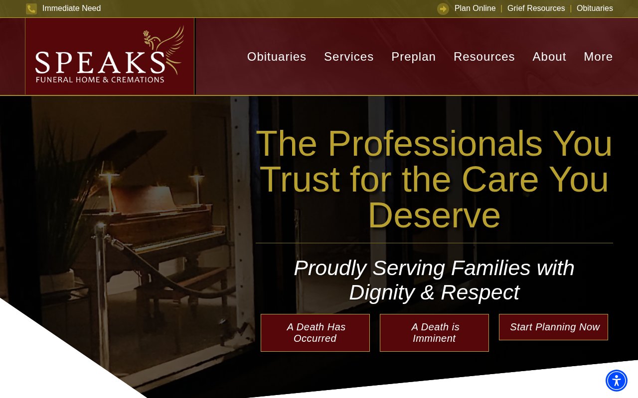 Speaks Funeral Home homepage showing three distinct CTAs for different visitor situations