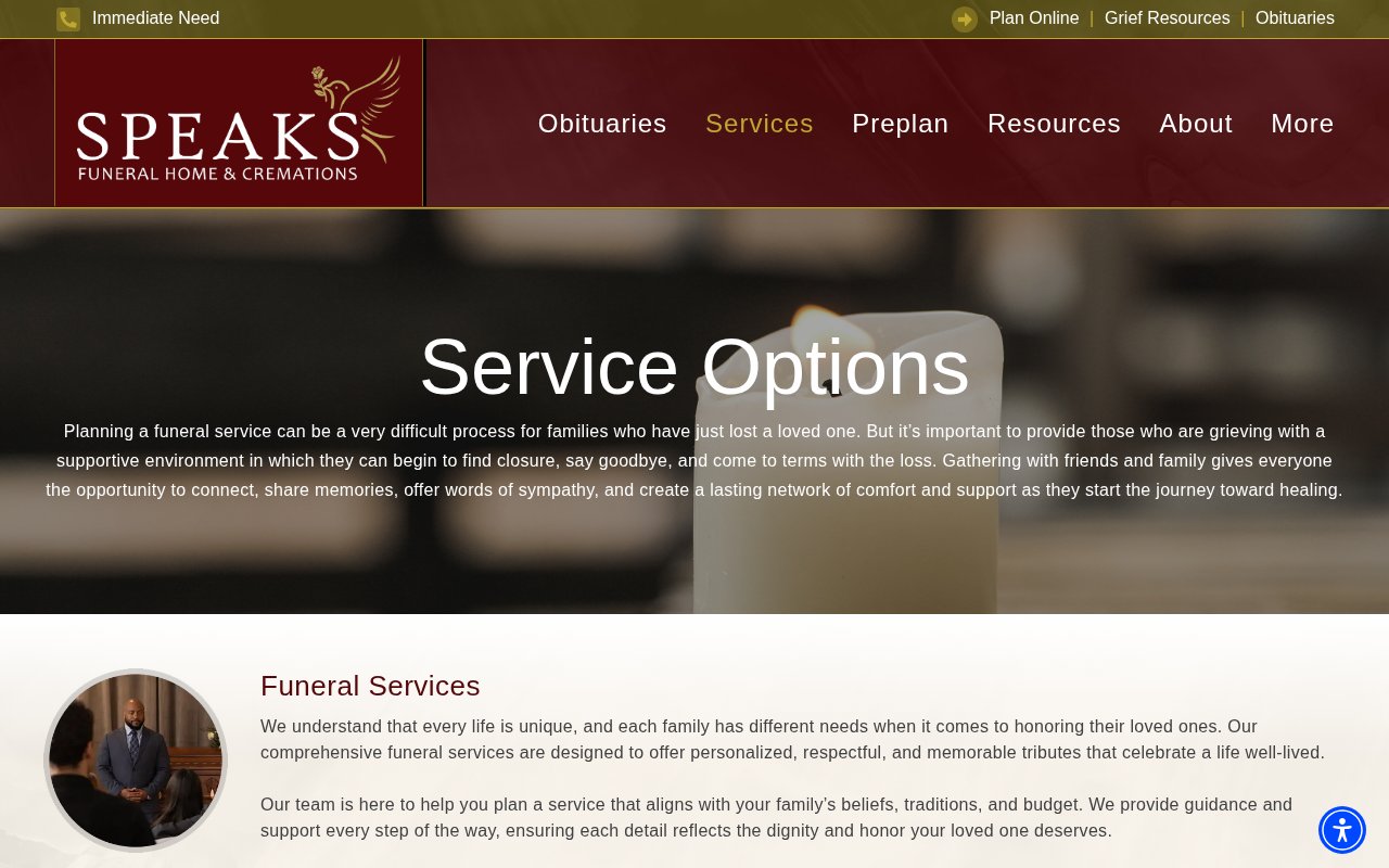 Speaks Funeral Home services page with full funeral and cremation options