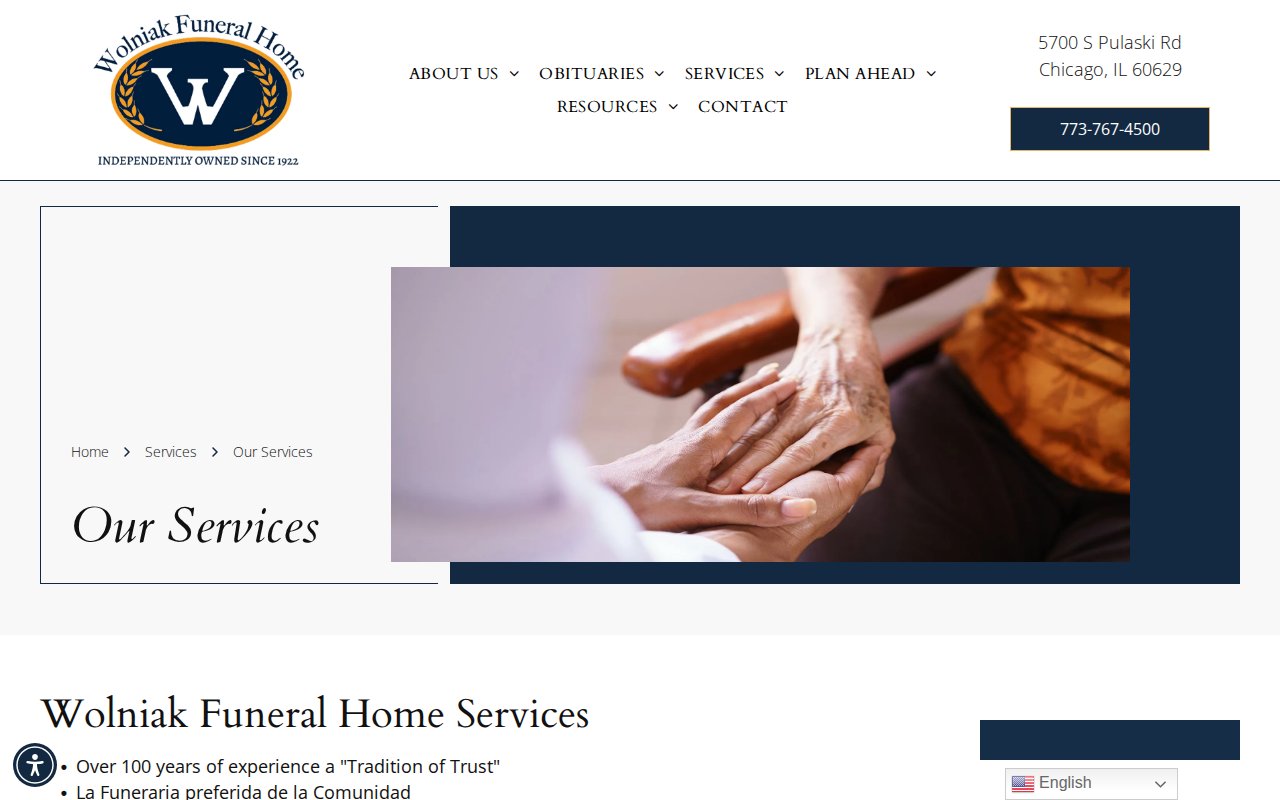 Wolniak Funeral Home services page with burial, cremation, and personalization options