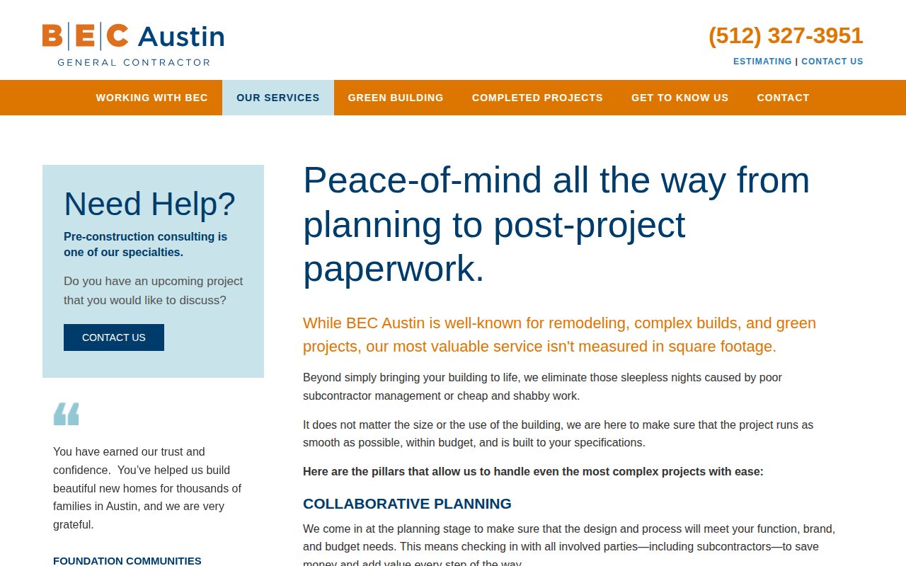 BEC Austin services page with commercial construction service categories