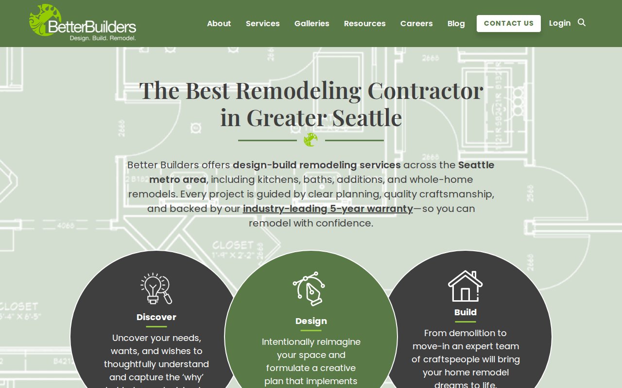 Better Builders services page showing full design-build remodeling service range
