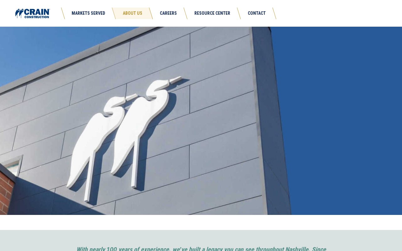 Crain Construction about page with Nashville legacy since 1933 and markets served