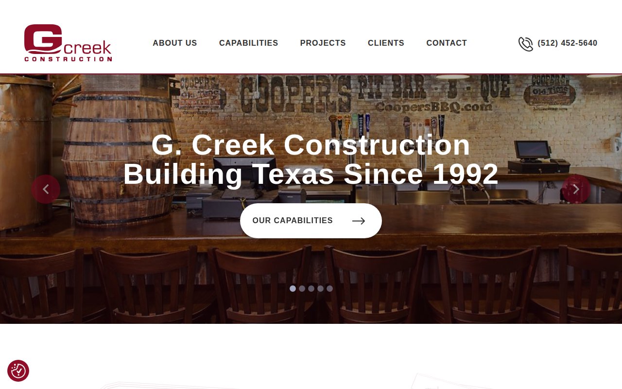 G. Creek Construction homepage with third-generation heritage and 700+ projects since 1992