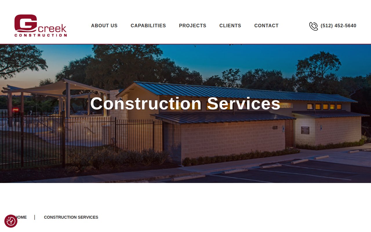 G. Creek Construction services page covering commercial and municipal construction capabilities