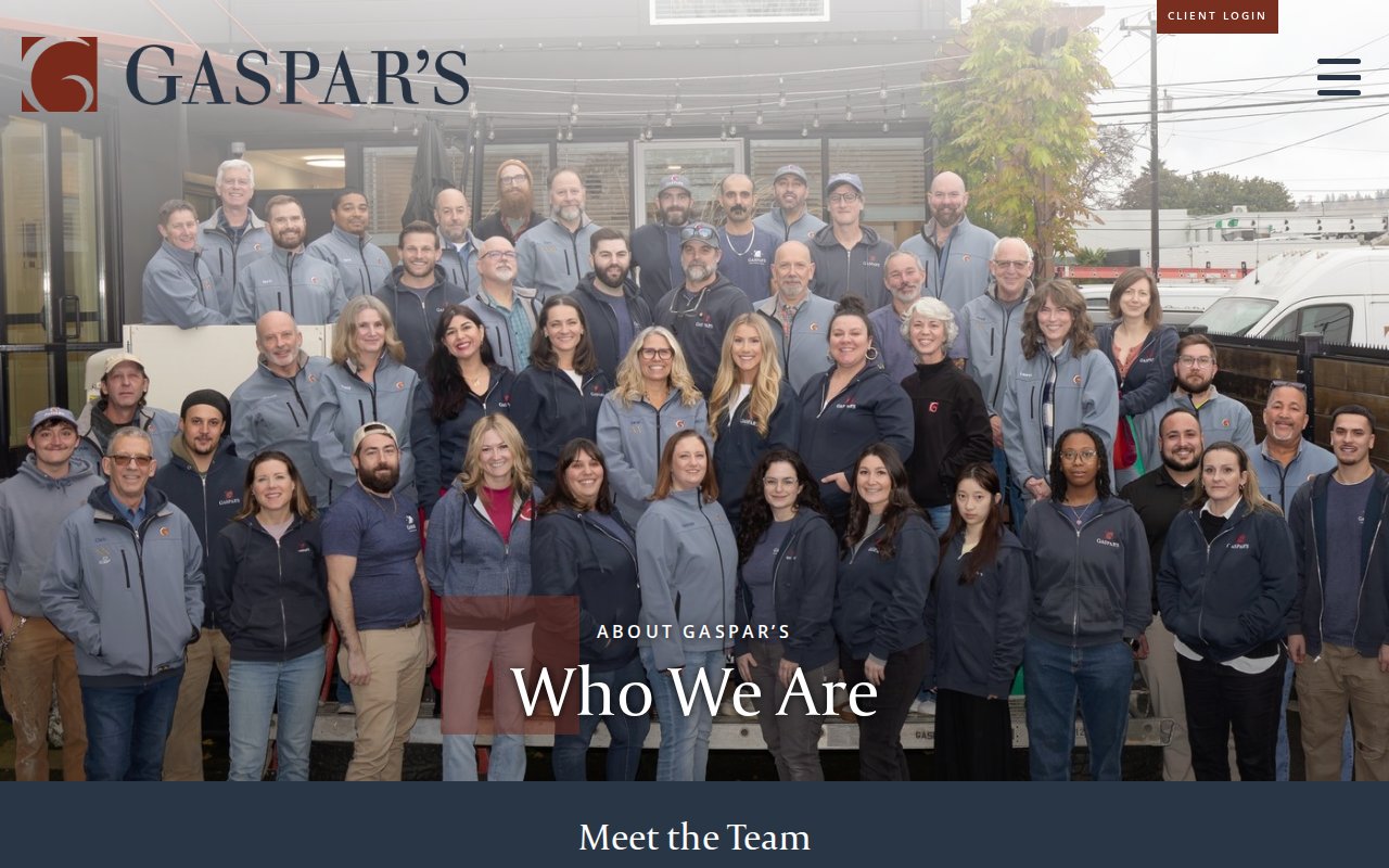 Gaspar's about page with full team roster and owner Sarah Henry's bio