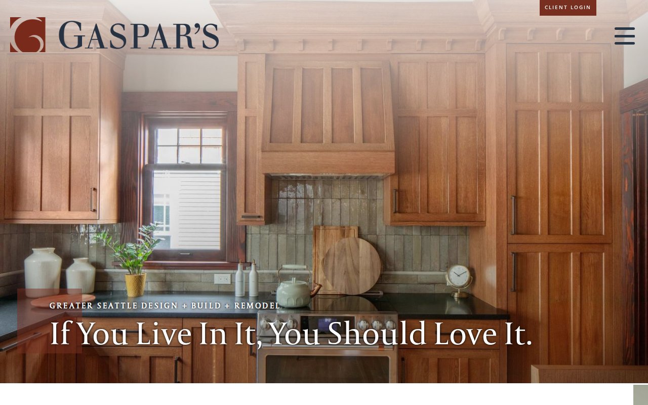 Gaspar's Design Build homepage with woman-owned branding, testimonials, and warm design