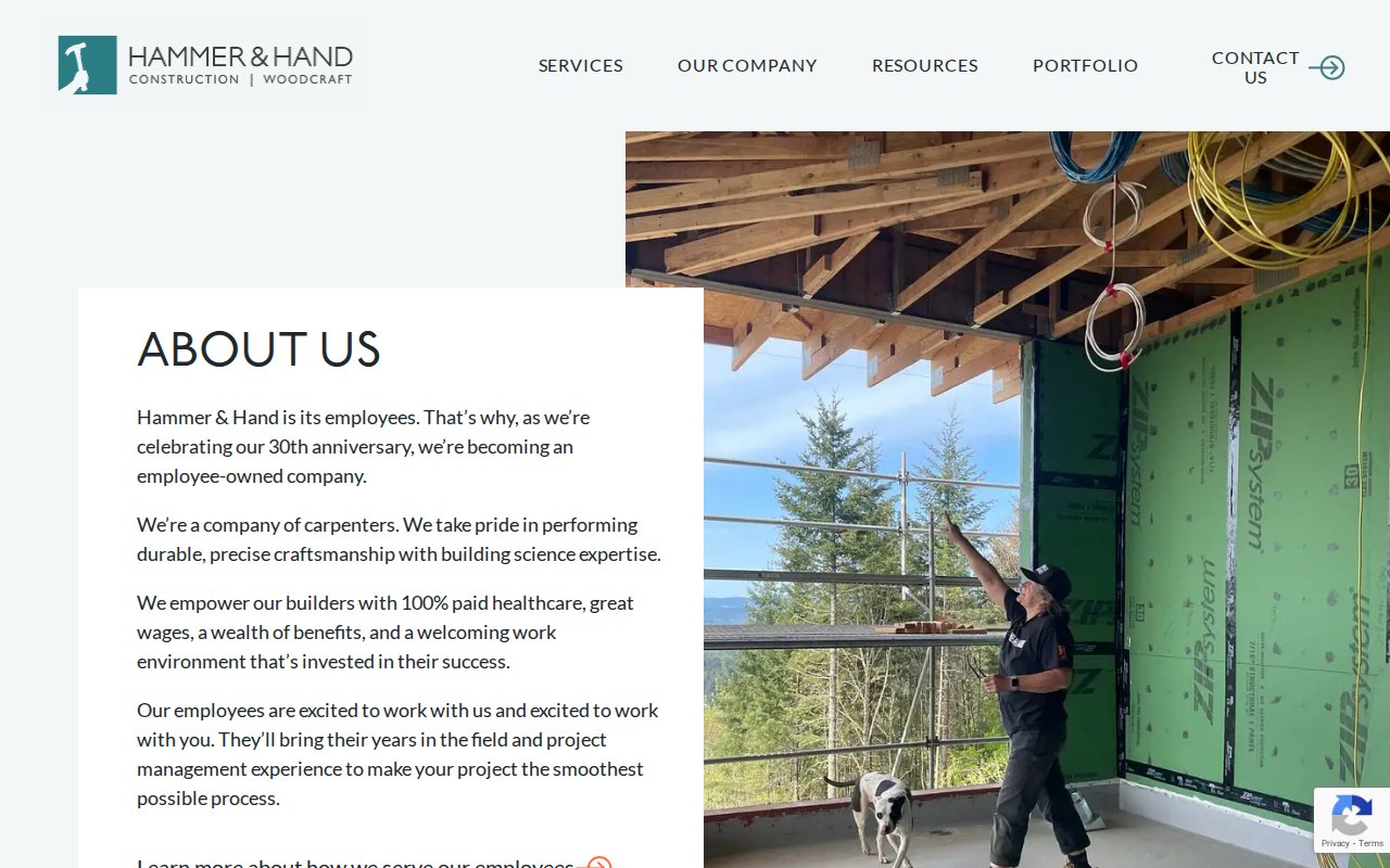 Hammer & Hand about page showing employee-owned announcement and craftsman-led process
