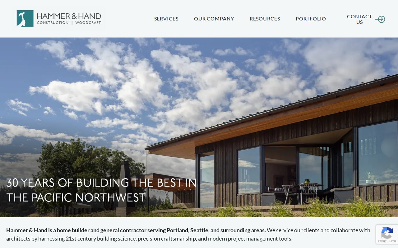 Hammer & Hand homepage showing 30 years of Pacific Northwest building and four-way service split