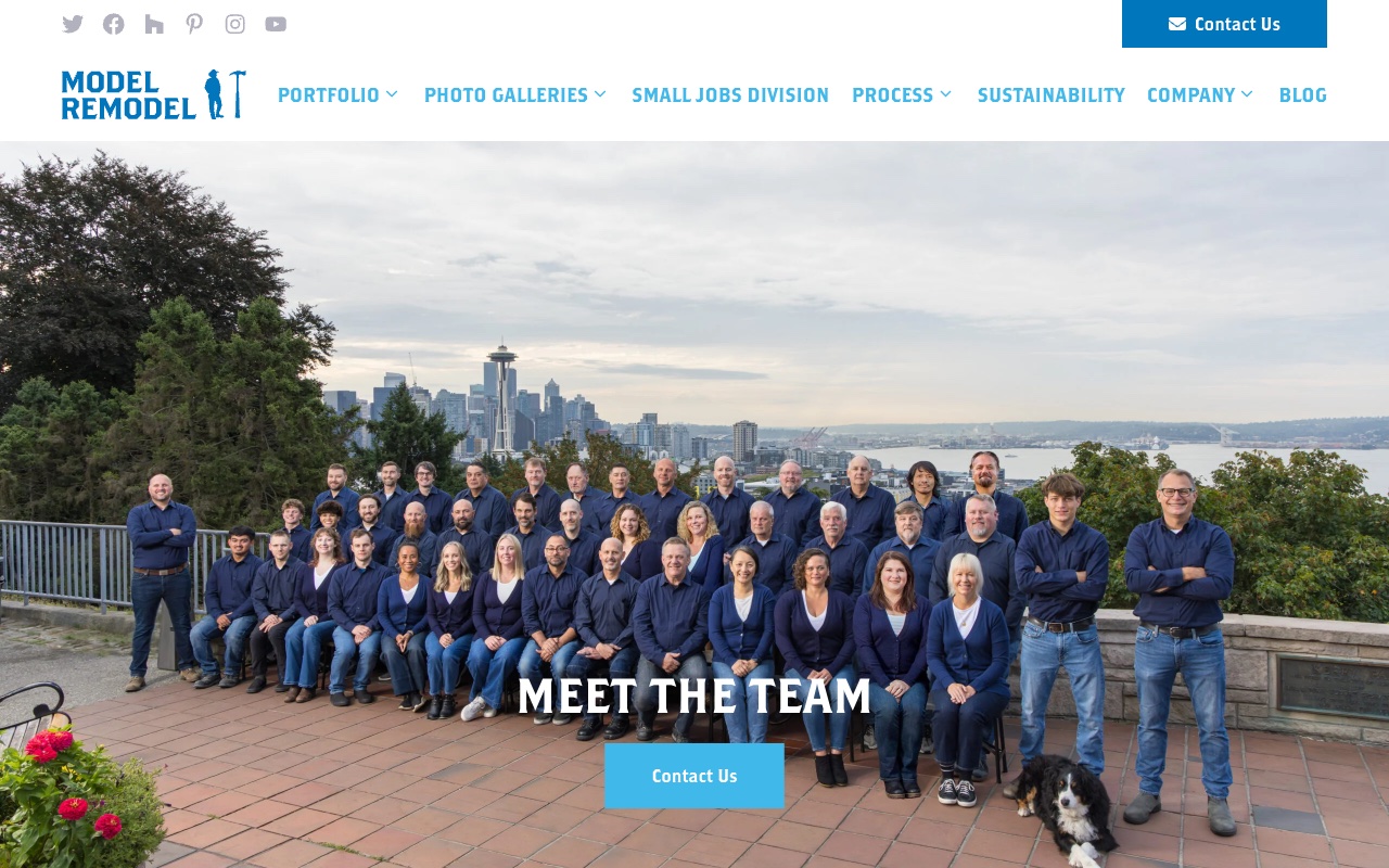 Model Remodel about page with team, sustainability focus, and Small Jobs Division