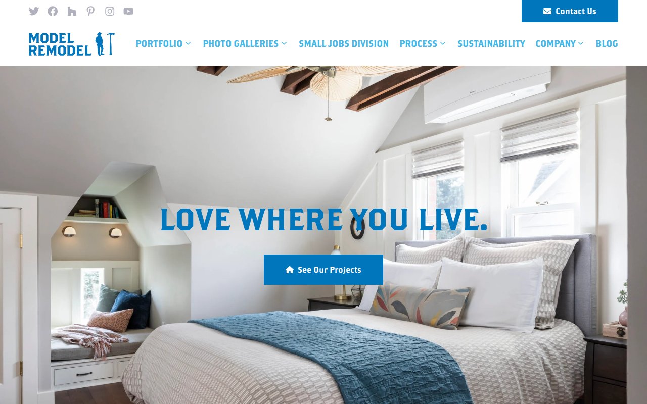 Model Remodel homepage with LOVE WHERE YOU LIVE tagline and neighborhood-named Seattle project gallery