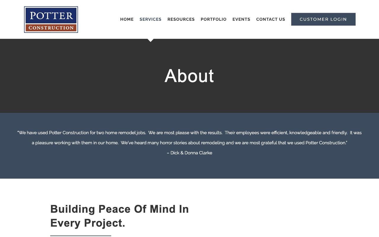 Potter Construction about page showing their stress-free design/build process