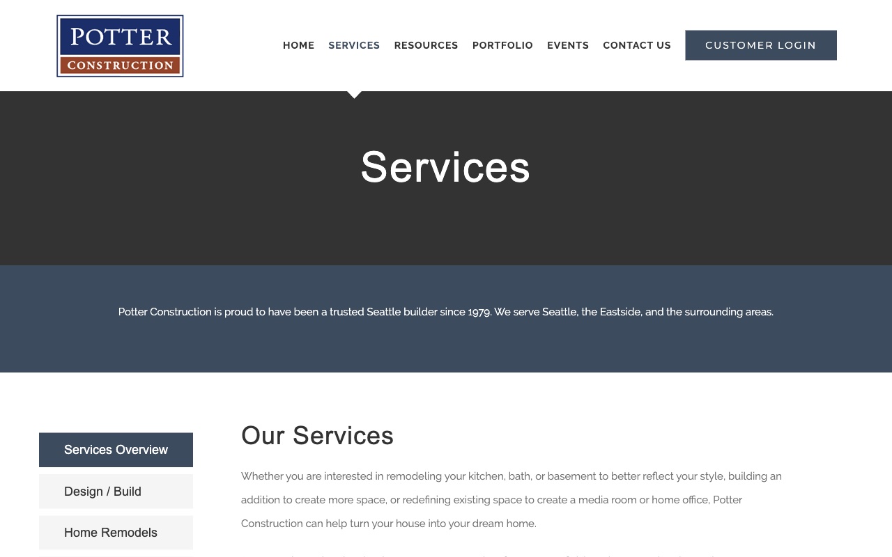 Potter Construction services page with design-build, kitchen, bath, home remodel, and basement offerings