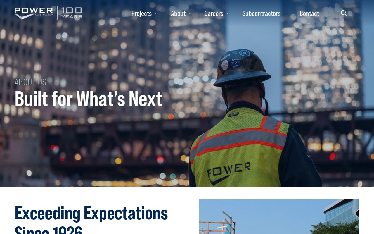 POWER Construction about page with 100-year Chicago legacy and employee culture