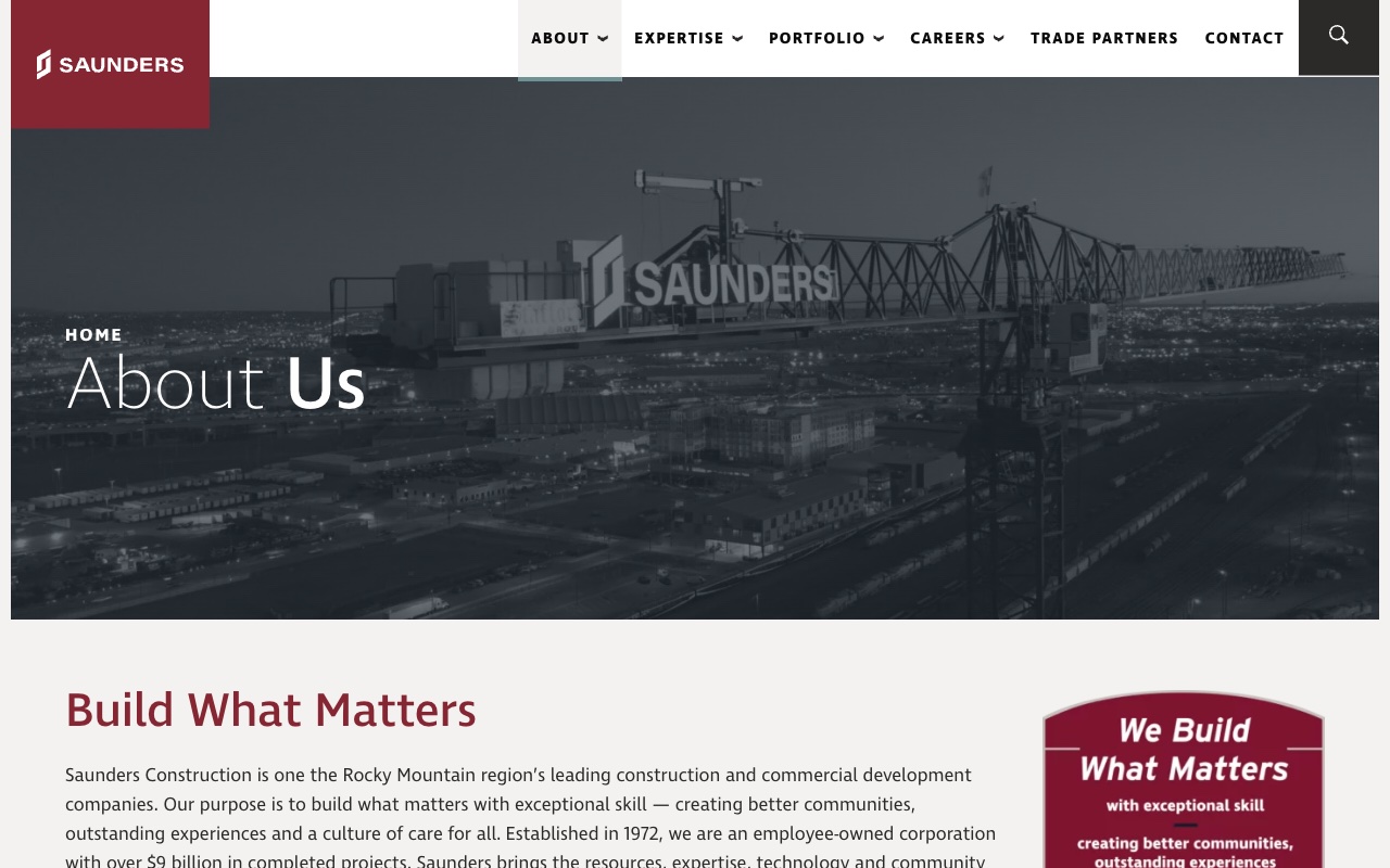 Saunders Construction about page with Dick Saunders legacy and employee-owned culture