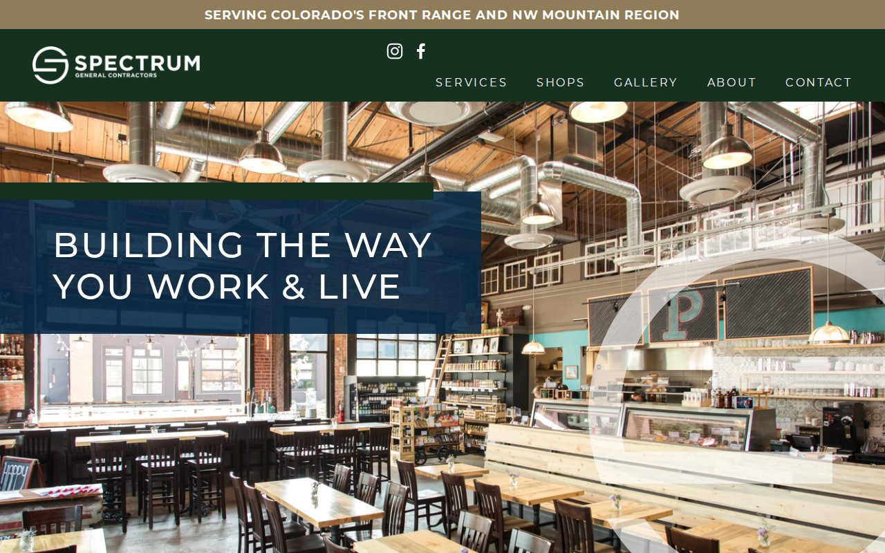 Spectrum General Contractors homepage featuring three in-house craft shops and 45-year Denver legacy