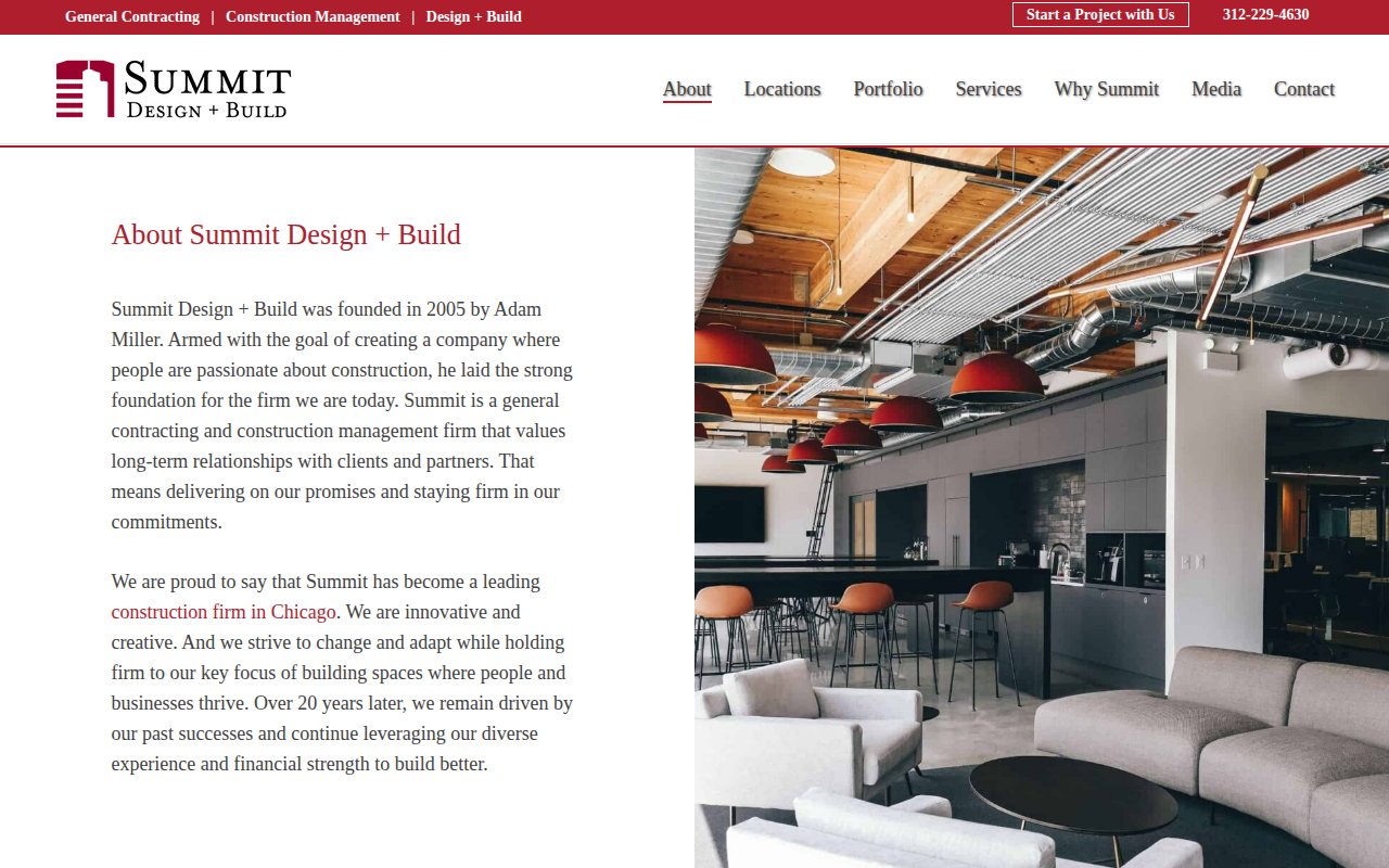 Summit Design + Build about page with Chicago roots and Austin expansion story