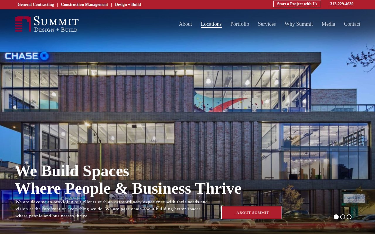 Summit Design + Build homepage with 14-category portfolio navigation and Chicago commercial focus