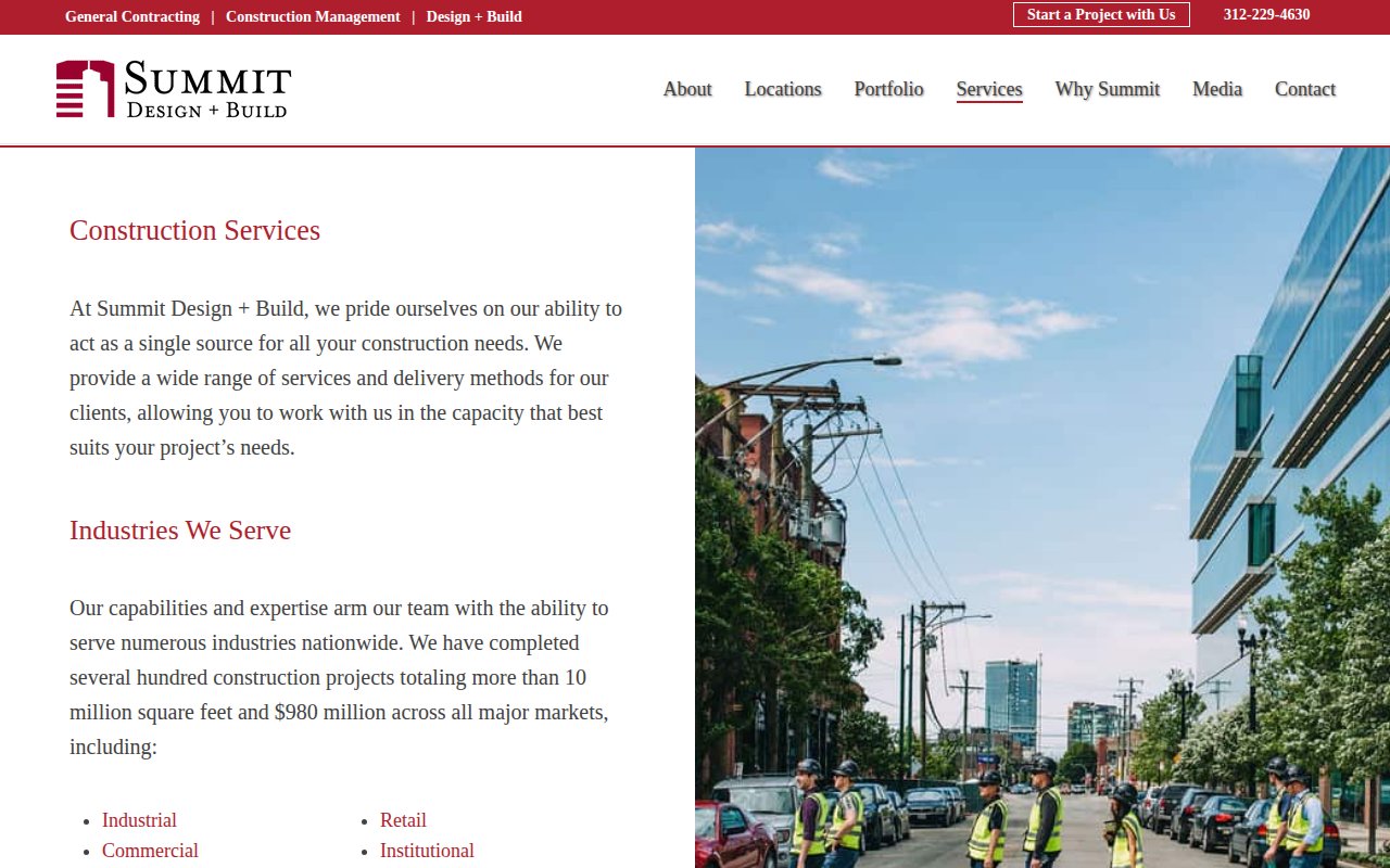 Summit Design + Build services page covering general contracting, CM, design-build, and sustainable construction